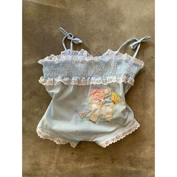 Vintage Romper Blue with Lamb and Lace size 18 mo - 2T 1970's Childrens Clothes - Picture 6 of 6
